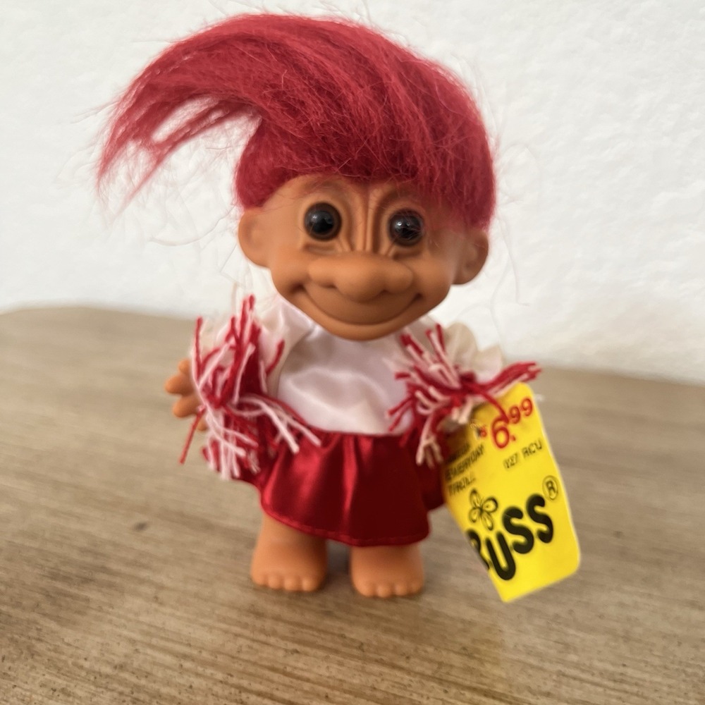 Russ Troll Doll School Sports Cheerleader Red Hair Red White Pom Uniform 4" Vtg